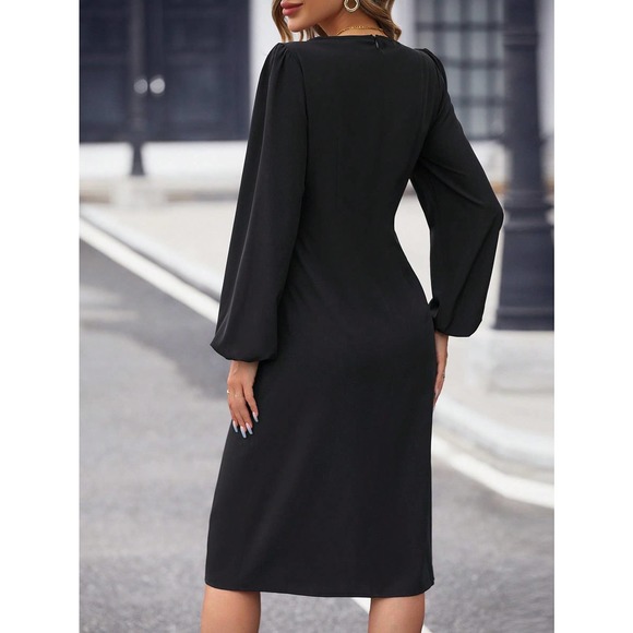 Square Neck Lantern long Sleeve Split Thigh midi Dress black - Picture 2 of 6
